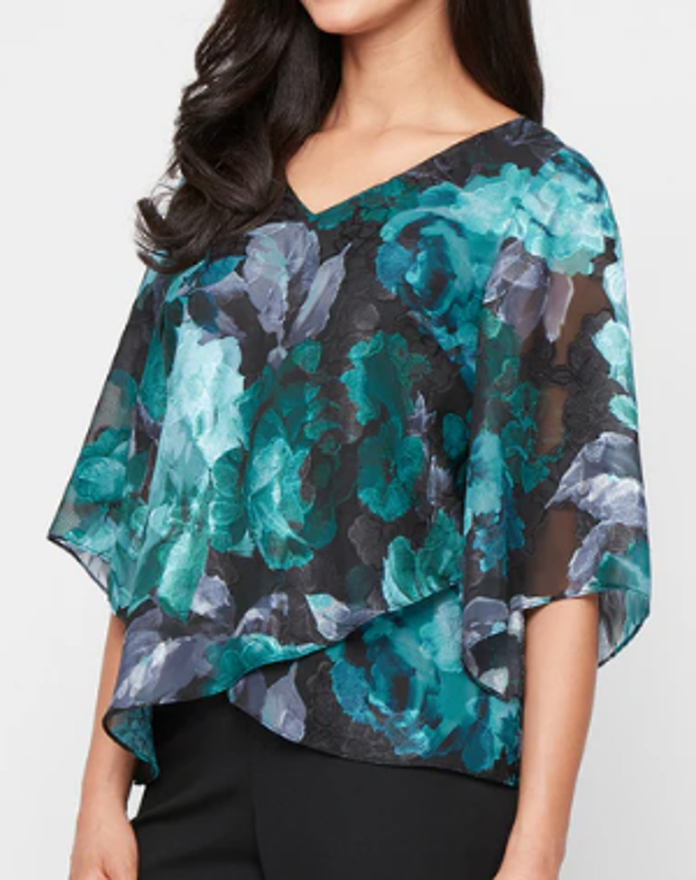 Alex Evening Women Printed V Neck Chiffon Blouse Tulip Hem M